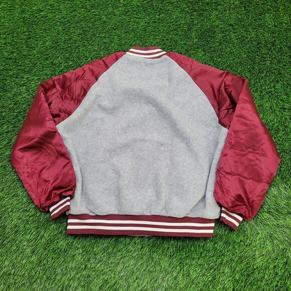 Vintage 80s Chalk-Line Varsity Jacket M/L 24x23 Sherpa-Lined Gray Maroon Retro - Picture 2 of 13